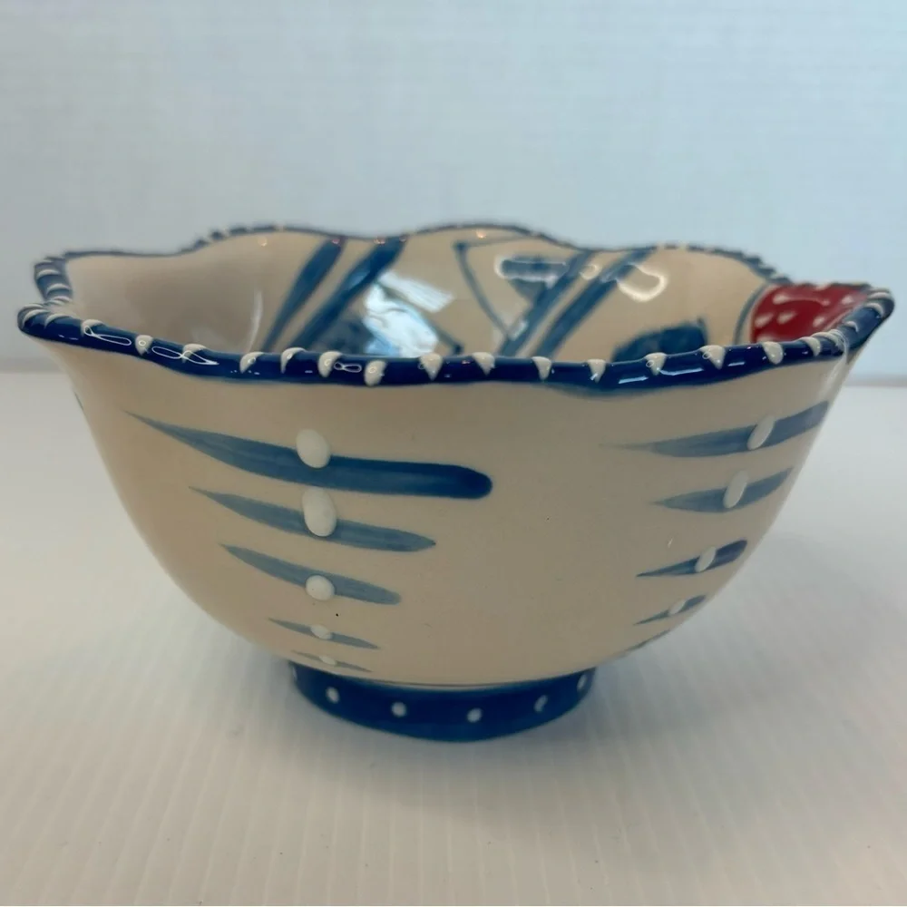 Blue Sky Ceramics Pedestal Scalloped Bowl Heather Goldminc RED BLUE FLOWERS